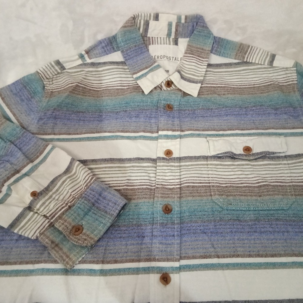Aeropostale Mens Medium Flannel Shirt Blue Brown Striped Long Sleeve Button Down